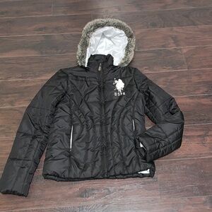 U.S. Polo Association Puffer Coat w/Faux Fur Hood, sz Medium (girls)